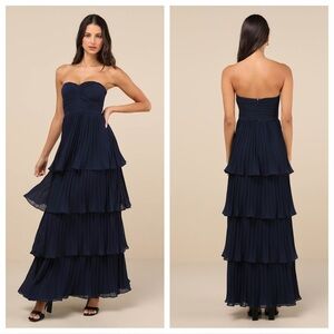 Lulus Seriously Sensational Navy Blue Strapless Tiered Maxi Dress